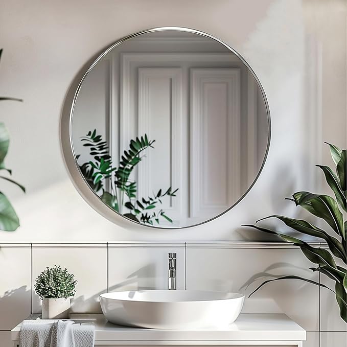 Sunniry Silver Round Mirror 24 inch, Circle Mirror with Metal Frame, Silver Circle Mirrors for Living Room, Bathroom, Wall, Hallway.
