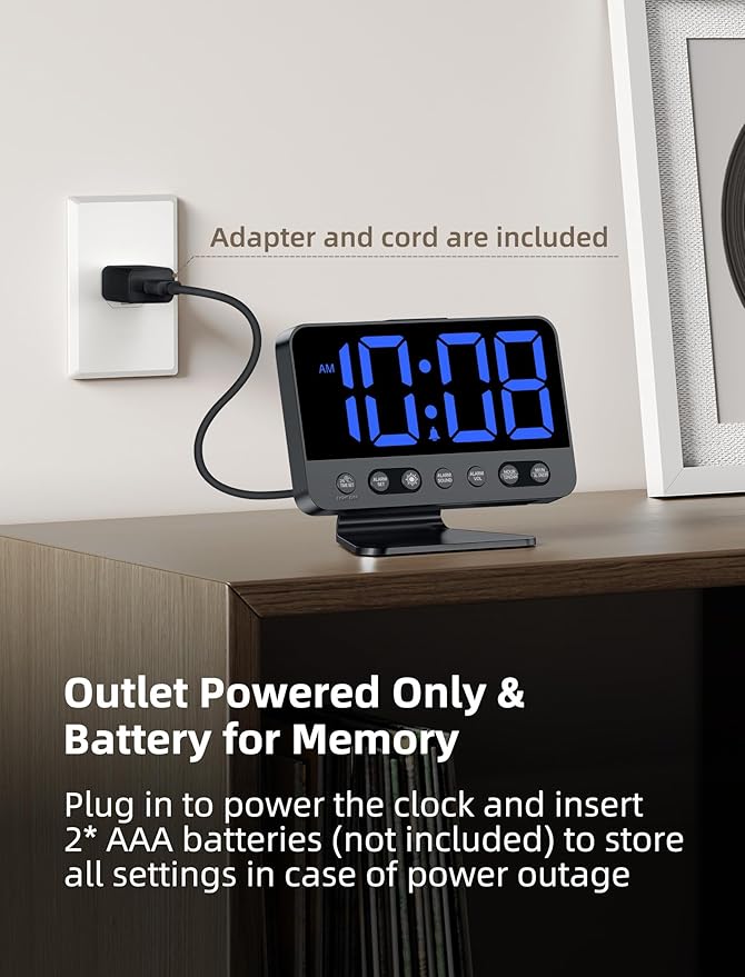 Odokee Digital Alarm Clocks for Bedrooms: Large Bold Number 5 Brightness Dimmer - Easy to Read Across The Room - 5 Alarm Sound 8 Night Light - Black