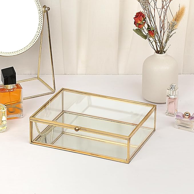 Glass Jewelry Box with Lid Golden Vintage Box with Mirror Base Decorative Case for Ring Earring Makeup Jewelry Display Organizer for Dresser, 7.3 x 5.3 x 2 Inch