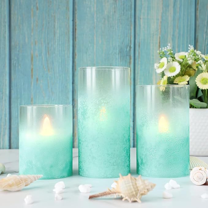 Blue Flameless Candles with Remote Aqua Glass Handmade Sandblast Battery Operated Candles Flickering Decorative LED Pillar Candles for Home Bathroom Coastal Theme Wedding Decorations