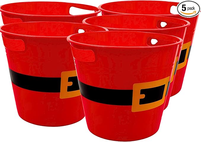 5-Pack Christmas Santa Belt Buckets, 7.95in. x 8.32in. Holiday Gift Red Pail Basket with Handles Party Favor Stackable Containers Goodie Bags Treat Holders Christmas Décor Craft Decorative Storage
