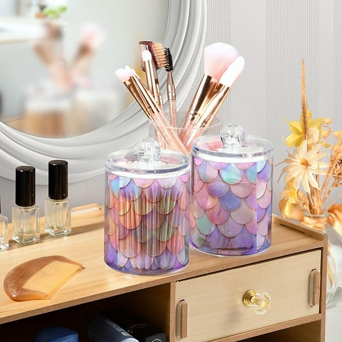 2 Pack Apothecary Jars Light Pink Fish Scales Bathroom Vanity Storage Organizer Set,Small Clear Plastic Storage Jars Bathroom Canister for Cotton Swabs, Rounds, Balls, Qtips,Makeup Sponges, Fl
