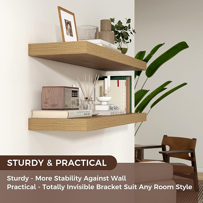 Venusmiles Floating Shelves for Wall, Engineered Wood Wall Shelves with Invisible Brackets for Living Room Bedroom Bathroom Office Kitchen Decor and Storage (Oak, 48" W x 9" D x 1.5" H) Set of 2