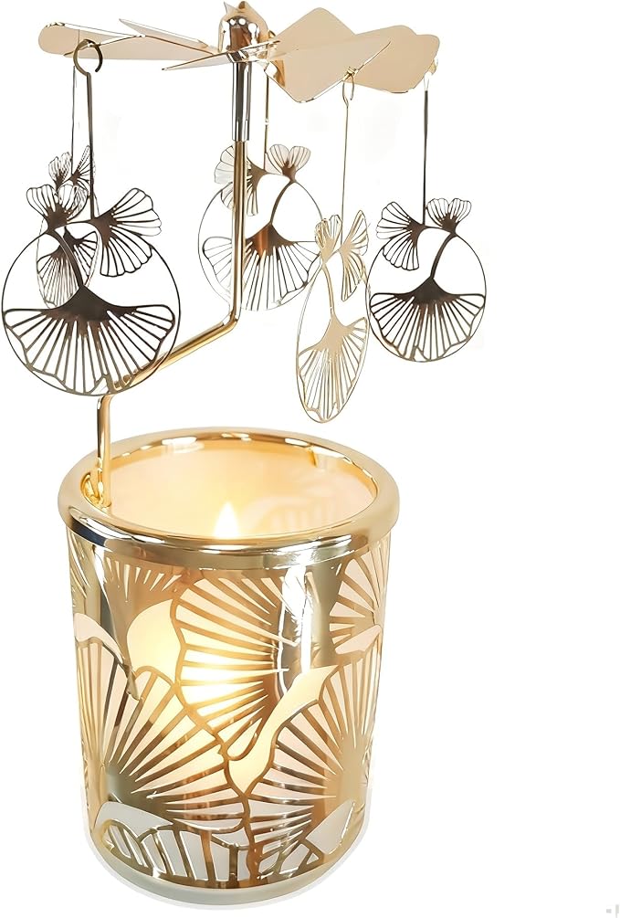 Metal Rotary Candle Holder Spinning Windmill Tea Light Carousel Decor for Home & Gifts (Golden Ginkgo Leaves)