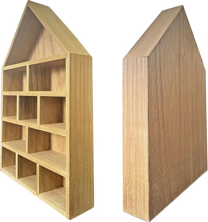 TANG SONG 1 PC 11-Slot Wooden House-Shaped Mini Figures Cubby Box Display Shelf Organizer Storage Box (Light Brown)