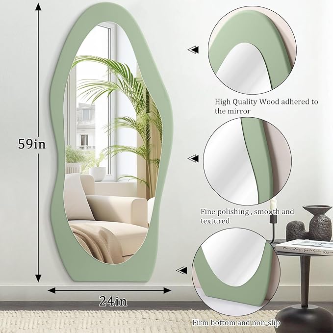 Full Length Mirrors Large Irregular Wavy Mirror Wood Full Body Standing or Wall Mounted Mirror for Living Room Bathroom Bedroom Entryway Decor