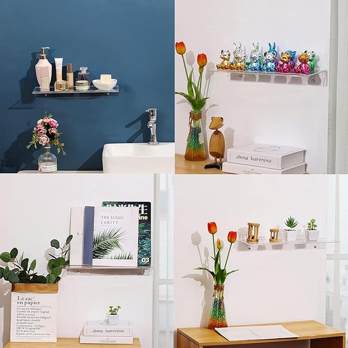 Clear Acrylic Floating Shelves Set of 2 for Lego Sets Funko Pop Collectibles Kids Bookshelf Figures Plant Picture Photo Modern Wall Ledge Floating Shelf for Bedroom Decor Living Room Wall Shelf