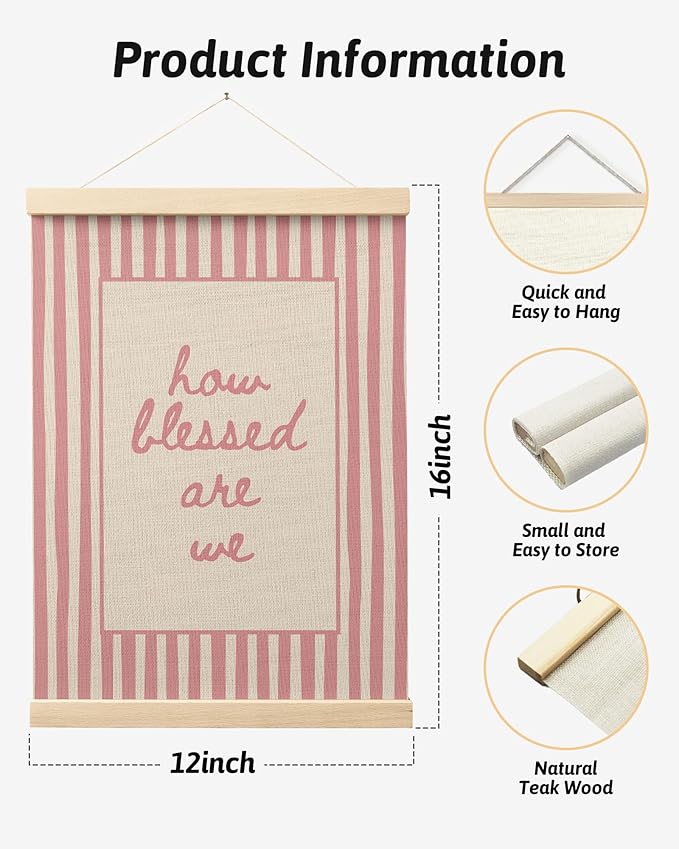 FGFK Trendy Pink Christian How Blessed Are We Wall Art Poster Hanger Frame, Retro Pink Striped Religious Bible Verse Canvas Prints Framed Wall Decor for Home Girls Room Bedroom, 12x16 Inch