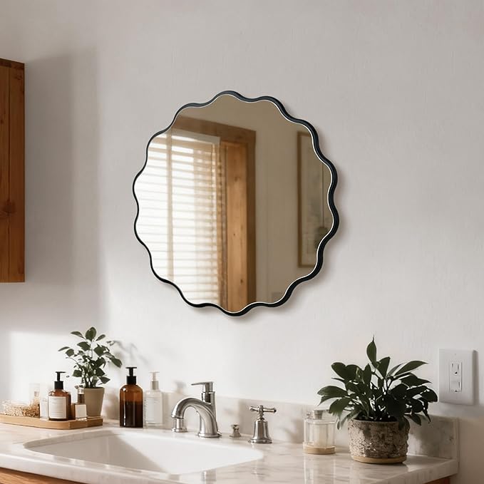Round Wavy Black Mirror 17" Wall Decorative Mirror Wood Frame Circle Modern Mirror Bathroom Vanity Mirror for Bathroom Entryway Living Room Bedroom Hallway