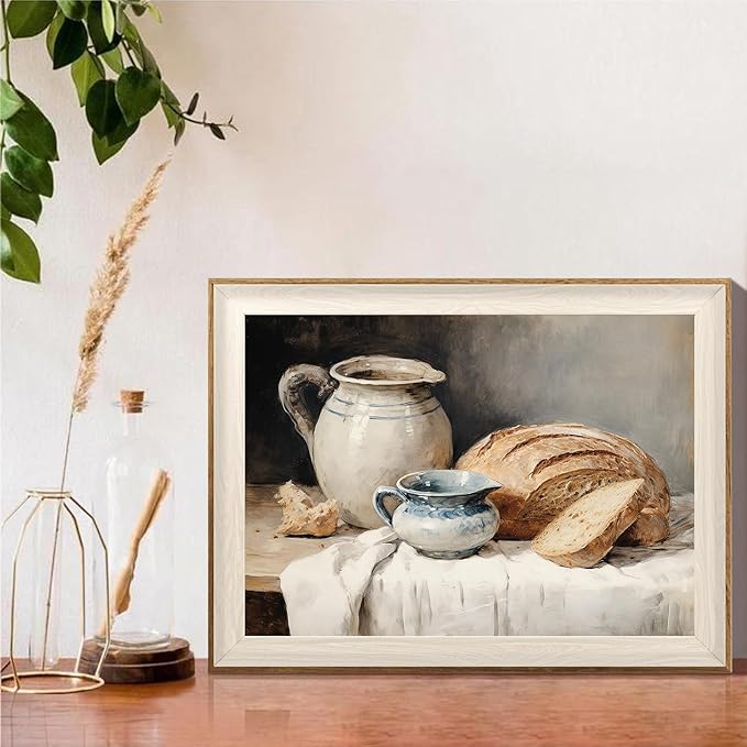 ASTRDECOR Framed Kitchen Wall Art, Modern Muted Still Life Painting Farmhouse Wall Decor, Sourdough Bread Canvas Wall Art Prints, Rustic Jars White Tablecloth Country Wall Decor Living Room-12''x16''