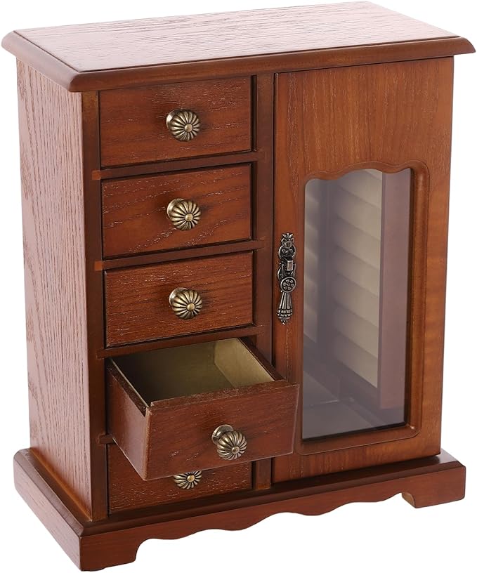 Wooden Jewelry Box, Jewelry Organizer With 5 Drawers Built-in Necklace Carousel and Mirror for Necklaces, Earring, Rings (Dark Wood Color)