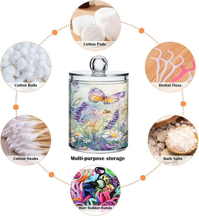 Nander 2Pack Beautiful Spring Wildflowers and Butterflies Qtip Holder Dispenser -Clear Plastic Apothecary Jars Set - Restroom Bathroom Makeup Organizers Containers for Cotton Swab, Ball, Pads, Floss