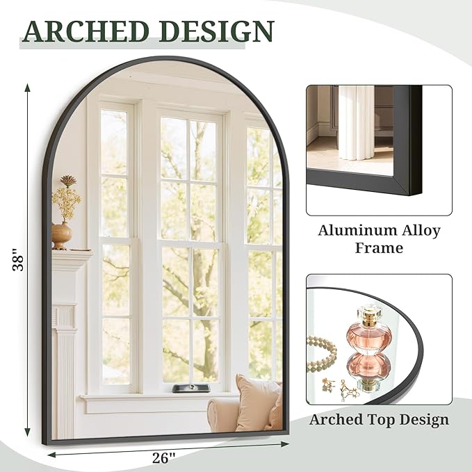 Arched Wall Mirror 38x26 Inch Black Bathroom Vanity Mirror with Metal Frame, Modern Arch Mirror for Bedroom, Living Room, Entryway, Wall Mounted Decorative Mirror