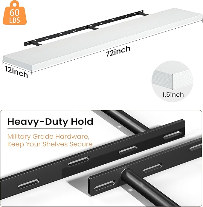 Fun Memories 72 Inch Floating Shelves, 12 Inch Deep Wall Shelf for Fireplace Mantel, White Deep Storage Shelves for Home & Office, Long Floating Shelf with Invisible Bracket, Set of 1
