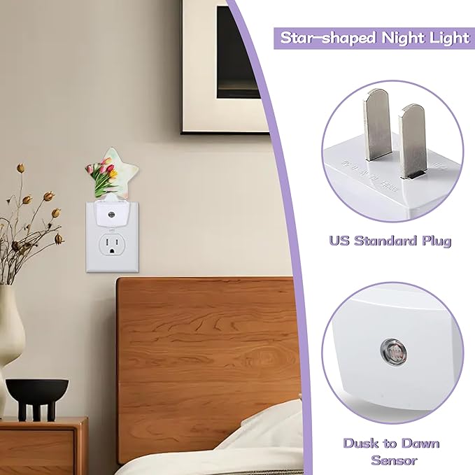 Colorful Tulips Nightlights Plug in Wall,Decorative Star Lamp with Automatic Lighting for Living Space,Gentle Glow for Kids Room,Hallway,Bathroom