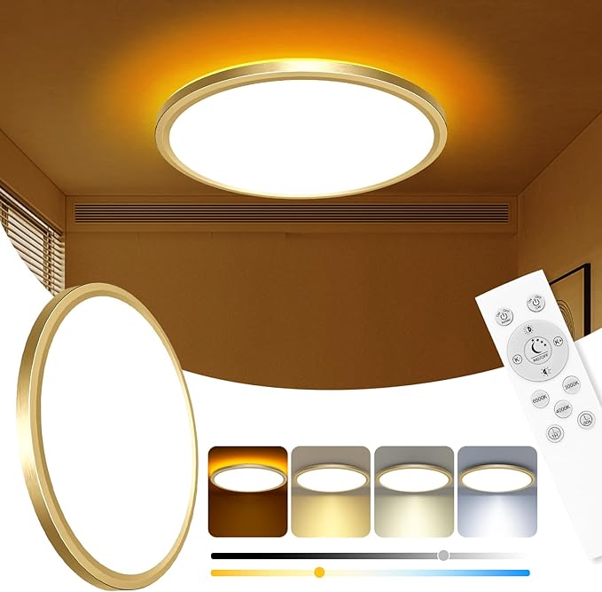 zemty 12 Inch LED Ceiling Light with Night Light 1800K, 3000K/4000K/6500K Dimmable Fixture with Remote Control, Low Profile Lighting for Bedroom Living Room Kitchen - Gold