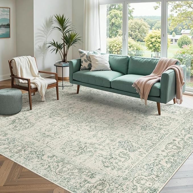 Rugxara Washable Area Rug for Living Room, Vintage Boho Rugs for Office, Dining Room, Kids Room, Farmhouse, Durable Low Pile Non Slip Carpet for High Traffic Areas, Light Green(4x6ft)