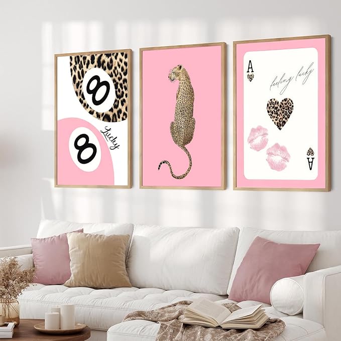 Set of 3 Trendy Pink Leopard Wall Art Cheetah Lucky 8 Ball Posters Prints Preppy Cheetah Aesthetic Wall Decor Pictures for Girly Bedroom Apartment Dorm Decoration Unframed 16x24in