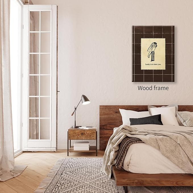 Brown Mid-Century Couples Wall Art Valentine Quotes Lucky Is to Have You Poster 08x10 inch Framed Vintage Romantic Anniversary Canvas Prints Modern Love Wall Decor for Bed Living Room