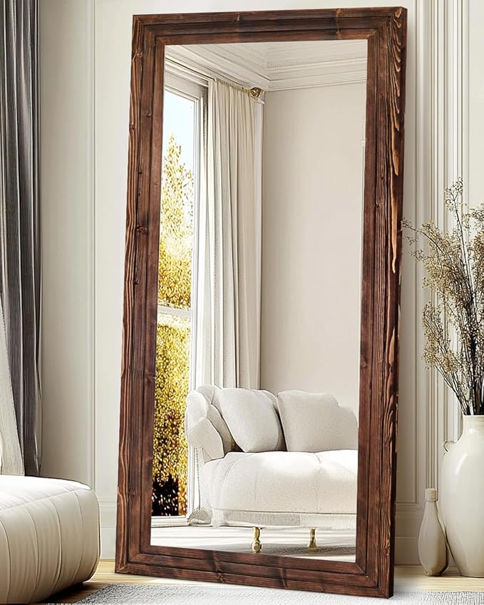 Full Length Mirror 76"x34" Solid Wood Frame Floor Large Mirror for Living Room, Bedroom Hanging or Leaning Wall-Mounted, Brown