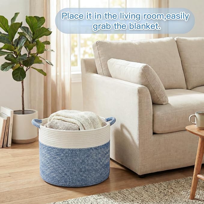 Artfeel 40L Large Cotton Rope Basket, Decorative Woven Blanket Storage for Living Room, Boho Toy Storage & Toy Box for Kids, Versatile Laundry Basket & Nursery Hamper for Blankets(DenimBlue)