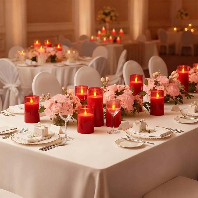 Raycare Flameless Electronic Pillar Candles with Remote Control and Timer- Battery Operated Realistic Flickering LED Fake Candle for Home, Wedding, Valentine's Day Decor,Red,Set of 3(3"x4"5" 6")