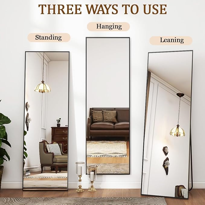 Koonmi 56"x21" Floor Mirror Full Length, Bedroom Floor Body Mirror with Stand, Large Black Mirror, Leaning, Standing or Hanging Horizontally/Vertically