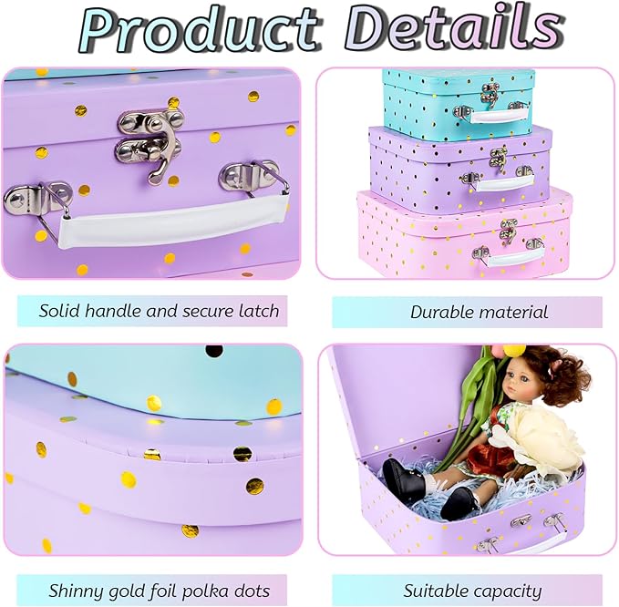 Eazy2hD Paperboard Suitcases, Set of 3 Decorative Storage Boxes Gift Boxes With Lids for Photo Storage Home Decoration, Birthday, Weddings, Anniversary - Mini Cardboard Suitcase - Gold Foil Polka Dots