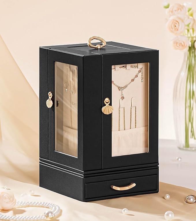 Enthralite Jewelry Box Large for Dresser: Women Necklace Ring Storage Organizer with Compartments - Elegant Earring Holder Display - 360° Rotating Jewelry Organizer with Glass Door