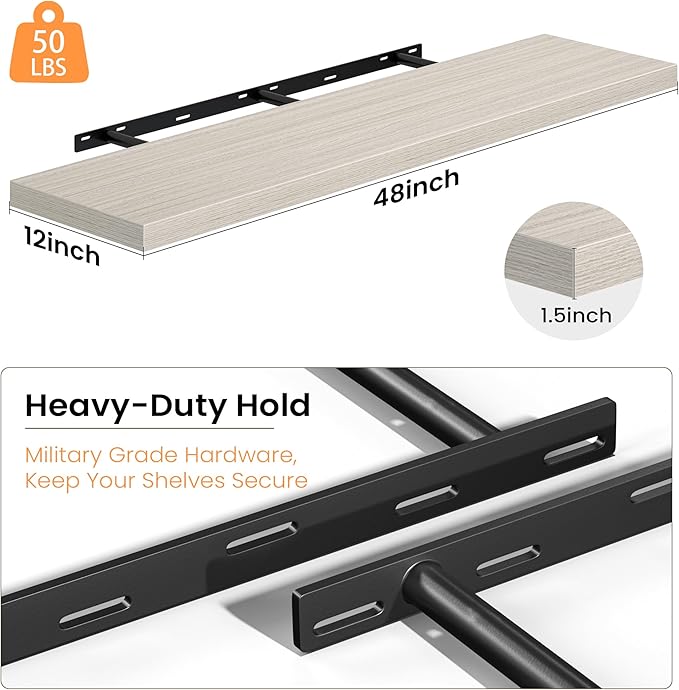 Fun Memories 48 Inch Floating Shelves, 12 Inch Deep Wall Shelves, 48 x 12 Floating Shelf Set of 2, Gray Rustic Wood Floating Shelf Wall Mounted for Large Kitchen Living Room Bedroom Bathroom Storage