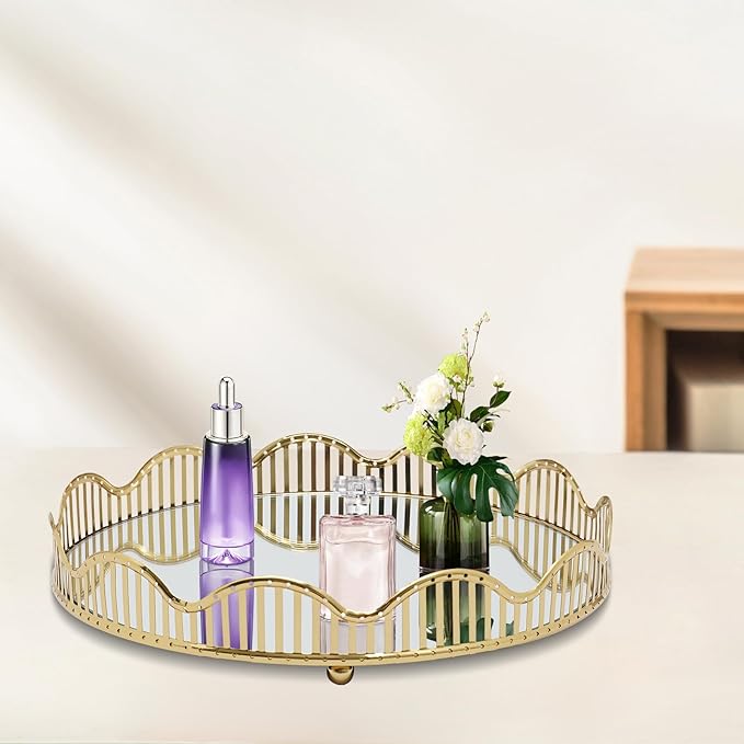 Gold Mirrored Tray with Ornate Frame, 12.4” Round Vanity Tray for Perfume & Jewelry Organizer, Decorative Makeup Tray with Mirror Base for Dresser, Bathroom, Coffee Table, Home Decor
