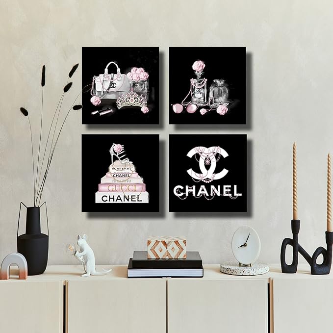 Meetdeceny Black And White Wall Art/Pink Book Pictures Room Decor for Teen Girls/Women Handbag Perfume Wall Decor for Living Room/Fashion Canvas Artwork Size 10"x 10"x 4 Pieces