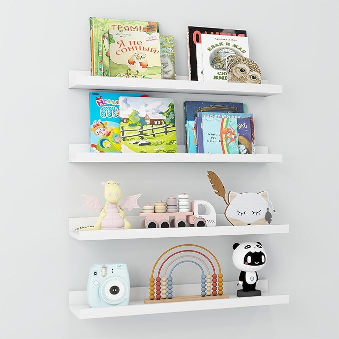 Axeman Picture Ledge Shelf | 24 Inch White Floating Shelves Set of 4 | Rustic Wood Wall Shelves with Lip | 24" White Picture Shelves for Wall with Ledge | Photo Shelves