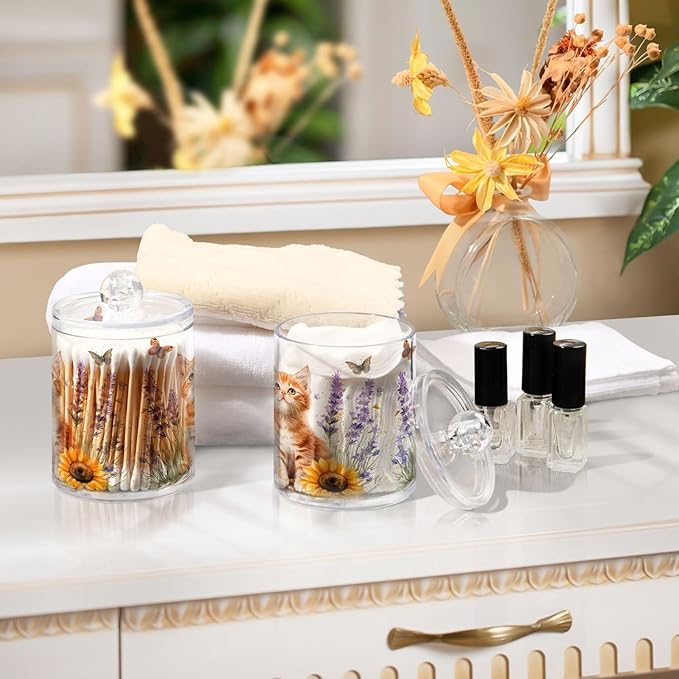 2 Pack Qtip Holder Dispenser for Cotton Ball Lavender Cat Sunflower Swab Round Pads Clear Plastic Acrylic Jar Set Bathroom Canister