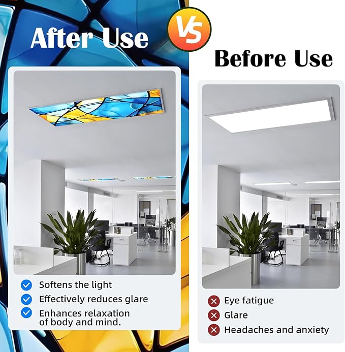 ANGSYLTH 2 Pcs Fluorescent Light Covers - 4 x 2 Feet Covers for Ceiling Lights, Magnetic Light Filters for Classroom, Office, Hospitals, Home (Colorful Art)