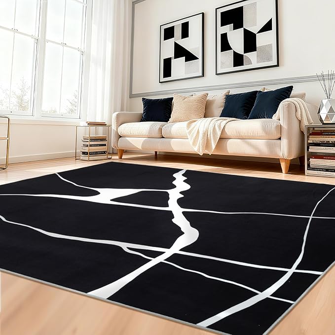 YIHOUSE Abstract Washable Rug 8x10,Ultra Thin Non Slip Black Rugs for Living Room,Modern Minimalist White Stripe Rugs for Bedroom,Dining Room Office Playroom(6'x9',Black-White)