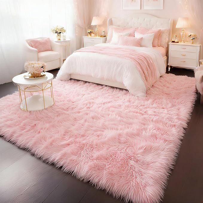 Amdrebio Pink Rugs for Girls Bedroom, 9x12 Large Fluffy Area Rugs for Living Room Decor, Big Furry Shag Carpet for Teens Room, Soft Cute Rug for Baby Kids Room, Huge Plush Fuzzy Rug for Playroom
