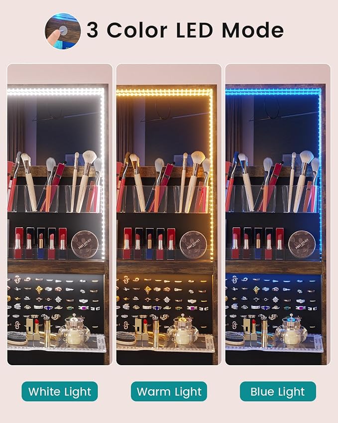 Vlsrka Full Length Mirror with Storage, 63" Rotating Jewelry Cabinet Standing, Lockable Jewelry Armoire with LED Lights, Foldable Makeup Shelf, Jewelry Organizer for Bedroom Small Space, Rustic Brown