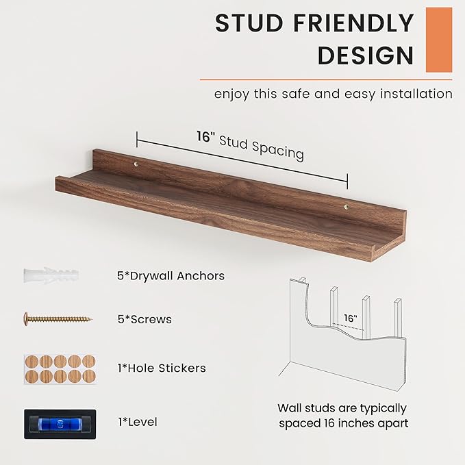 FLYJOE Picture Ledge Shelf, Floating Shelves Set of 2, 24 Inches Nursery Book Shelves for Toys Storage, Kids Bookshelf Wall Mounted for Living Room Bedroom Decor Books Photo Frames, Walnut
