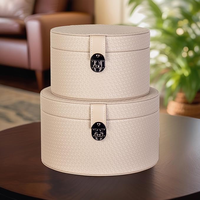Large Leather Decorative Boxes Set of 2 Round Hat Box Bin Basket with Lid for Shelf Coffee Table Storage Remotes Modern Home Decor (light brown)