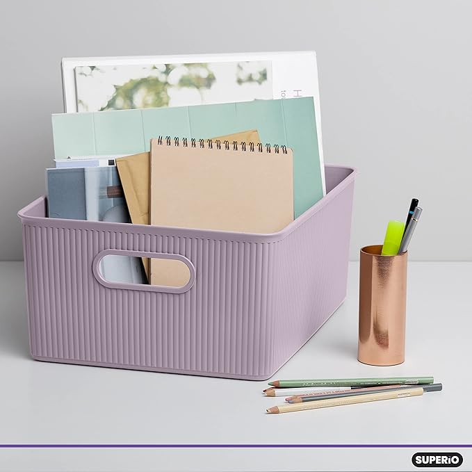 Superio Ribbed Collection - Decorative Plastic Basket Open Home Storage Bins Organizer, Large Lilac Purple (2 Pack) Container Boxes for Organizing Closet Storage Bins for Shelves 15 Liter/16 Quart