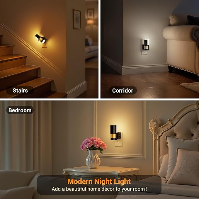 JandCase Plug in Night Light, Rotating Night Light with 3 Colors, 3000K/5000K/Amber, Dimmable Night Lights with Dusk to Dawn Sensor, 360°Rotatable, LED Nightlight for Bathroom Bedroom Hallway, 2 Pack