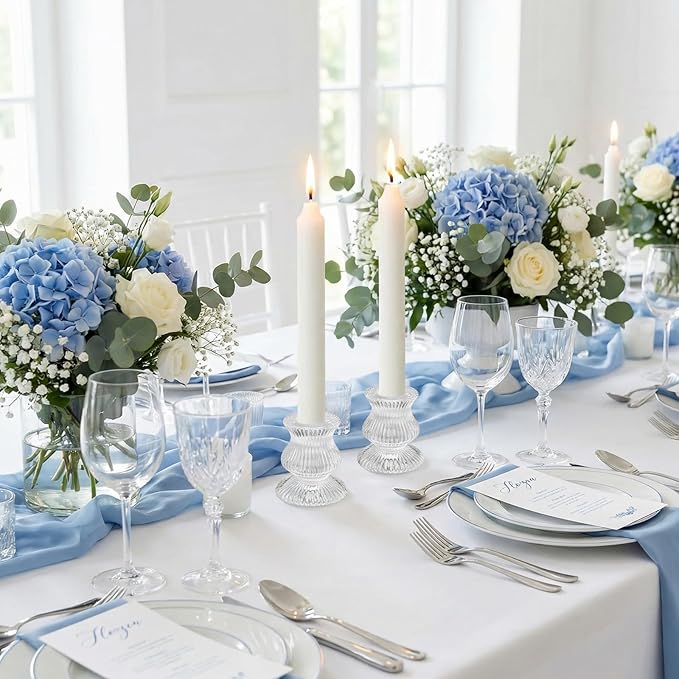 Blue Candlestick Holders 12 Pcs, Ribbed Taper Candle Holders for Table Centerpieces, Vintage Glass Candle Holders Bulk for Wedding, Birthday, Baby Shower Decoration