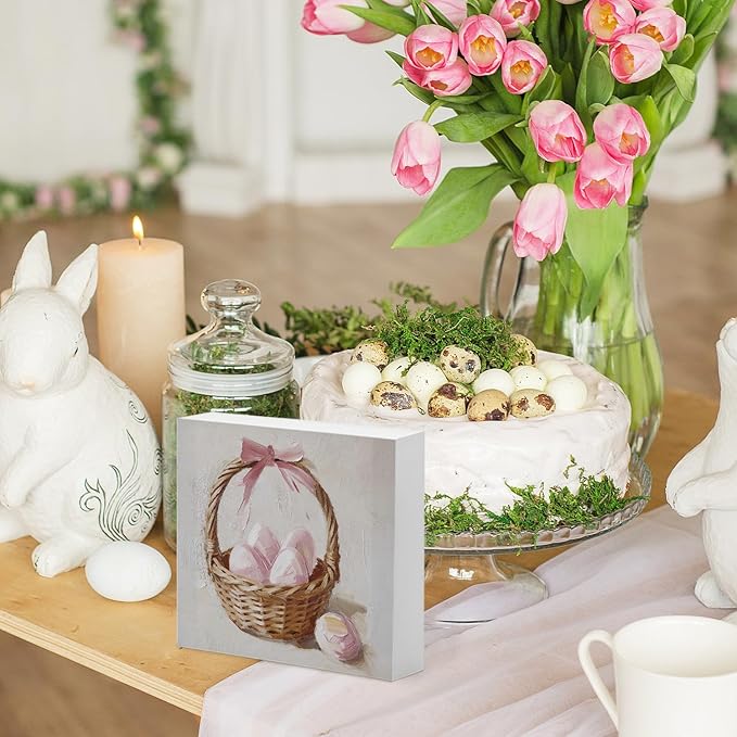 Pink Bow Easter Egg Wood Box Sign Desk Decor, Pink Easter Theme Wooden Block Box Sign Decoration for Home Office Shelf Table Decor 5x5