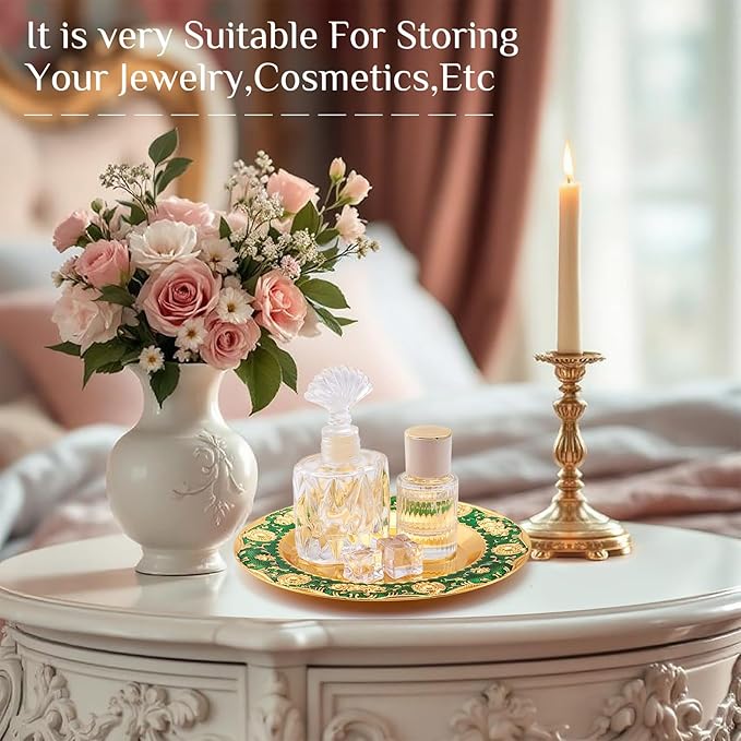 1pcs Golden Serving Tray for Party 4.8" Vintage Round Decorative Plate Tray Jewelry Makeup Organizer Dishes Bathroom Vanity Tray for Gift Wedding Coffee Table Dessert Christmas 20 cm (Green)