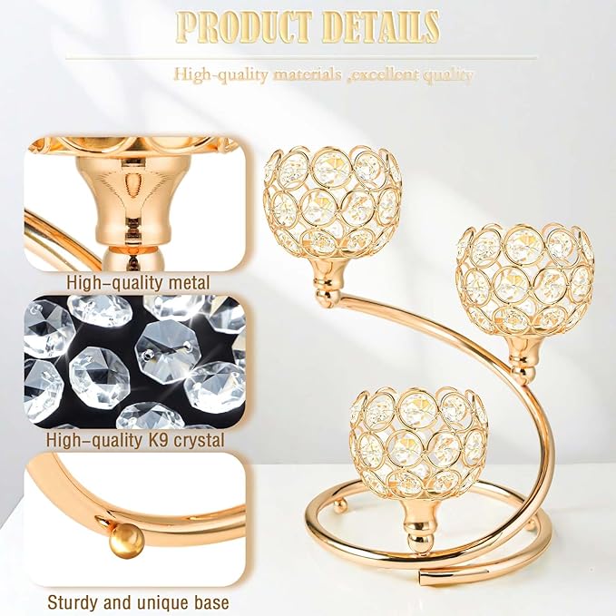 Metal Crystal Candle Holder Set of 3 - Elegant 5-Arm Metal Tea Light Centerpiece with Shining Crystal Bowl, Wedding Anniversary Table Decor for Dining, Party (Gold, 2 Pcs 3 Arm)