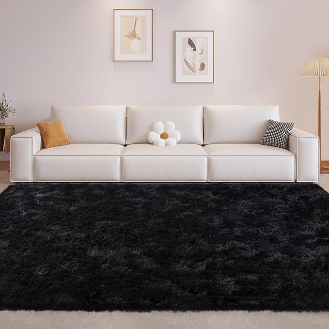 FinRèc 5x7 Feet Black Rugs for Bedroom Living Room, Fluffy Shaggy Area Rug, Non-Slip Soft Shag Rug for Nursery Kids Room Dorm Room Home Decor, Indoor Plush Floor Carpet