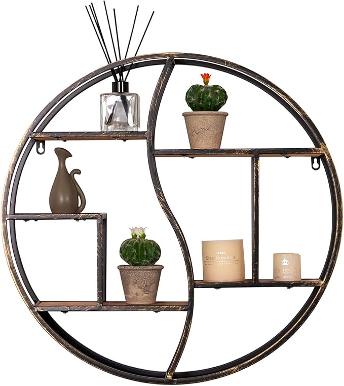 Round Wall Shelf,24 inch Metal Circle Shelf Wood Floating Shelves,Rustic Retro Wall Mounted Display Organizer Shelf for Fireplace,Living Room,Bathroom