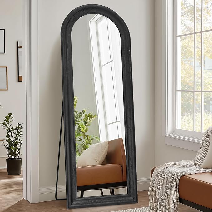 Solid Wood Full Length Mirror - 65"x22" Arched Floor Mirror, Free Standing & Wall Mounted - Elegant Design for Bedroom, Dressing Room, Hallway, Black