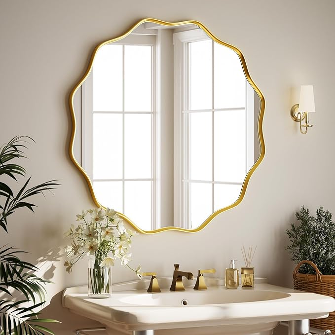 Round Wavy Mirror 36 Inch Bathroom Vanity Mirror Metal Frame Circle Wall Mounted Mirror for Bedroom Living Room Entryway Gold